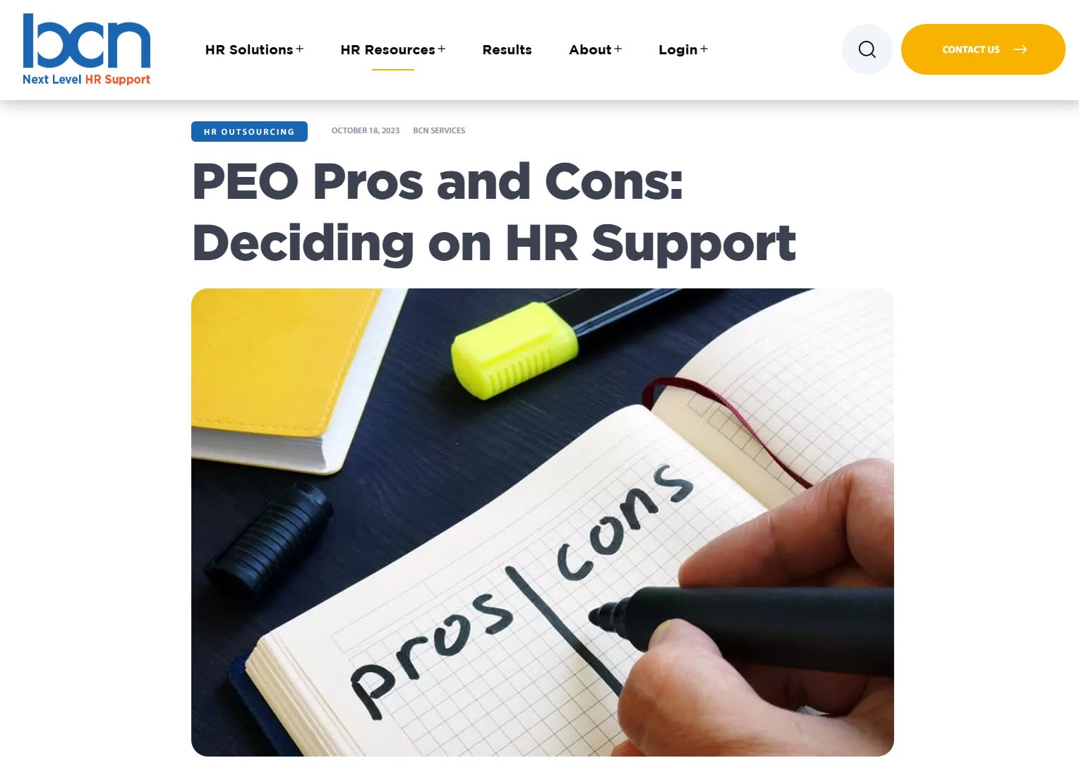 BCN Services: PEO Pros and Cons spoke article screenshot